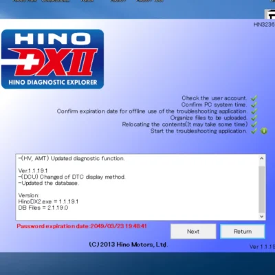 The Hino Diagnostic Software DX2 1.1.19.1 is a powerful tool for effective management of electronic control systems in Hino products. It allows for fault information reading, individual system adjustments, ECU reprogramming, and data simulation. With its ability to reduce the need for multiple ECU types, updates can be easily performed without the need for ECU replacement. Available at ecmtrucks.com, this software offers a wide range of functionalities for Hino vehicles. Compatible with multiple languages and regions, it is a reliable choice for efficient and versatile diagnostic solutions. Get it now and enhance your diagnostic process at ecmtrucks.com.