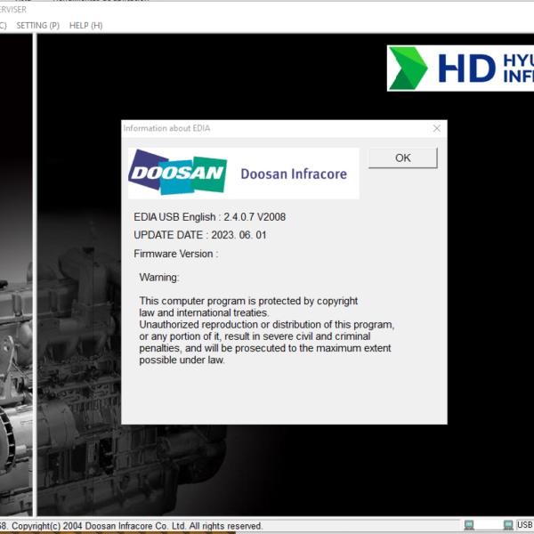 DOOSAN EDIA AS FULL SUPERVISOR 2.4.0.7 [2023.06] is a comprehensive diagnostic software specifically designed for Doosan machinery. This version, released in June 2023, enhances monitoring and troubleshooting capabilities for heavy equipment. The software features an intuitive user interface and supports continuous updates. It is also compatible with various Doosan models and offers remote installation assistance via TeamViewer, maximizing efficiency in equipment management.