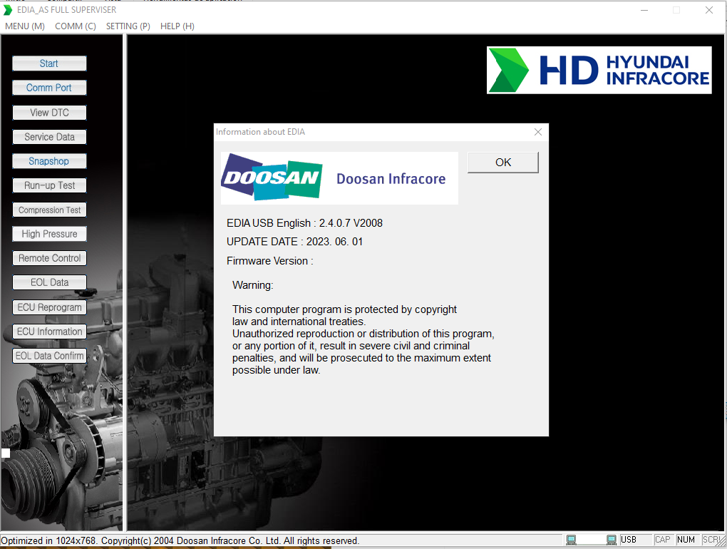 DOOSAN EDIA AS FULL SUPERVISOR 2.4.0.7 [2023.06] is a comprehensive diagnostic software specifically designed for Doosan machinery. This version, released in June 2023, enhances monitoring and troubleshooting capabilities for heavy equipment. The software features an intuitive user interface and supports continuous updates. It is also compatible with various Doosan models and offers remote installation assistance via TeamViewer, maximizing efficiency in equipment management.