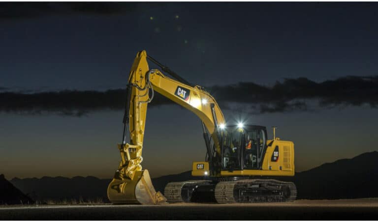a yellow excavator with a bucket